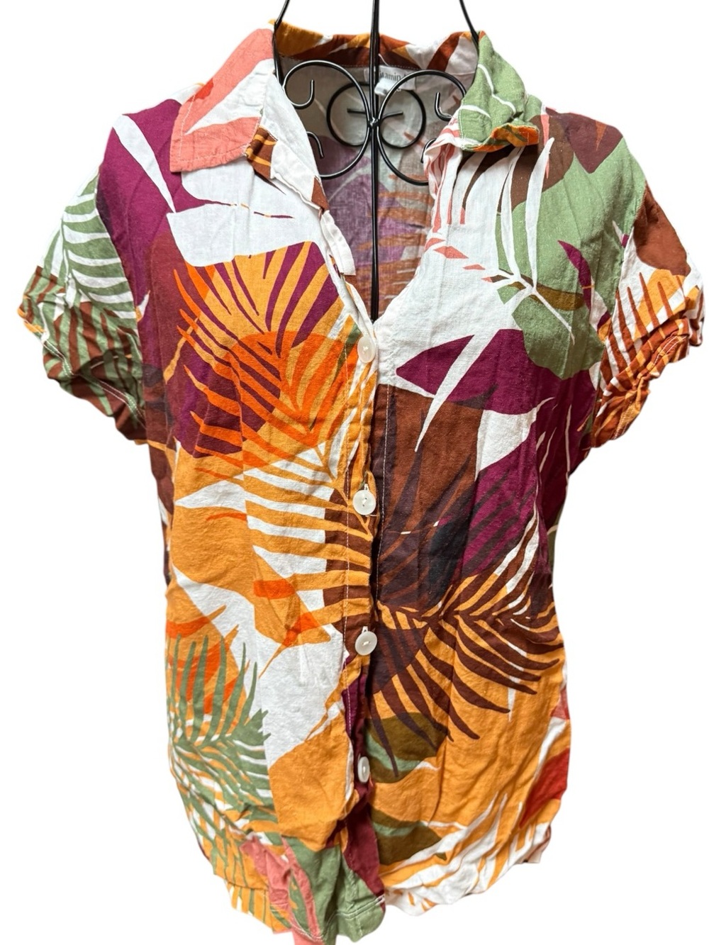 Vitamin A Tropical Leaf Button-Down Linen Blend Shirt in Multi